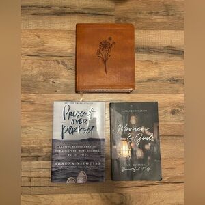 Elegant Tan Leather Journaling Bible and Inspirational Book Bundle